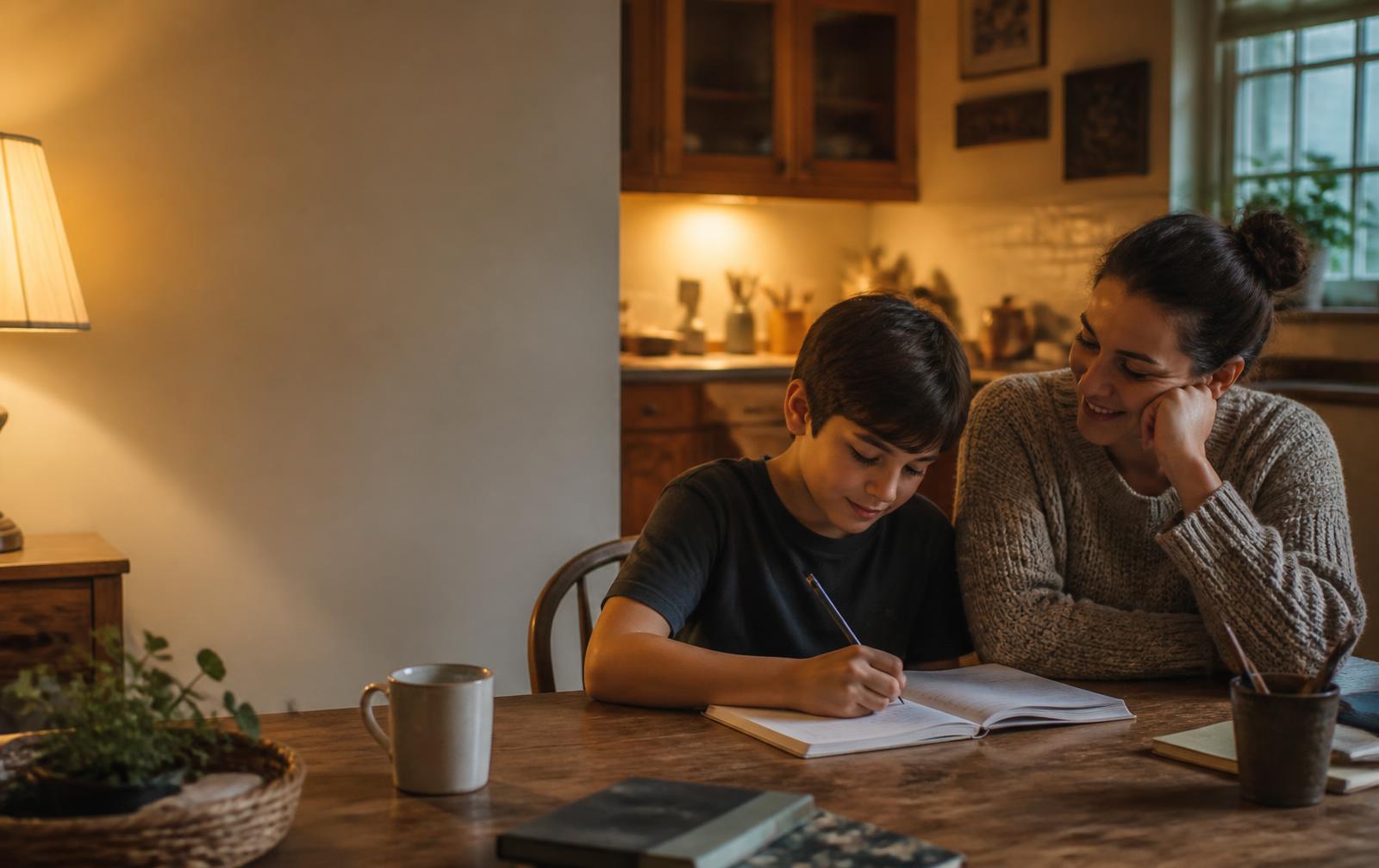 A parent calmly sitting beside their child during homework